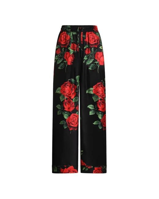 Dolce & Gabbana Red Rose-Print Vanity Silk Trousers