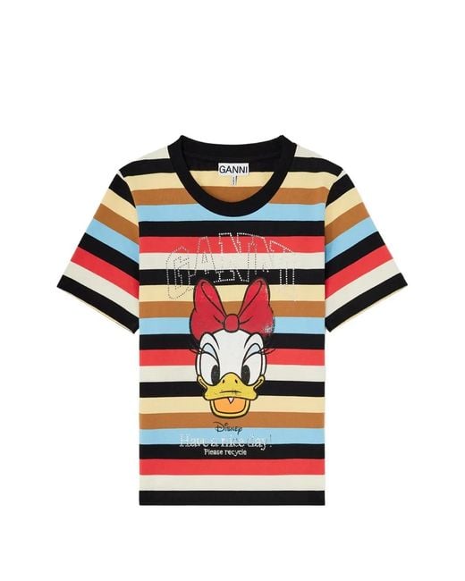 Ganni Black Graphic-Print Striped T-Shirt