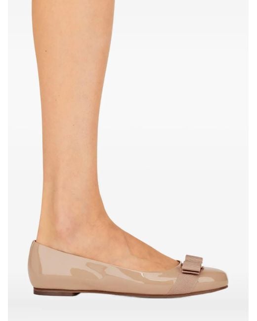 Ferragamo Brown Varina Patent Bow-Detail Ballet Flats