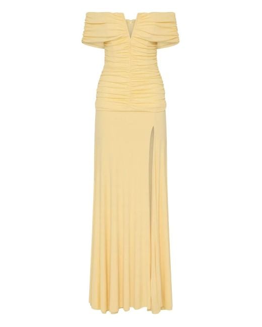 Rebecca Vallance Zaley Off-Shoulder Maxi-Jurk Met Split in het Metallic