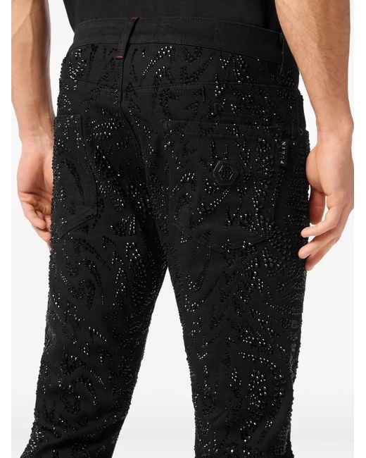 Philipp Plein Black Super Straight Cut Strass Jeans for men