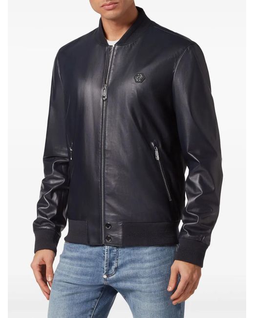 Philipp Plein Blue Leather Bomber Jacket for men