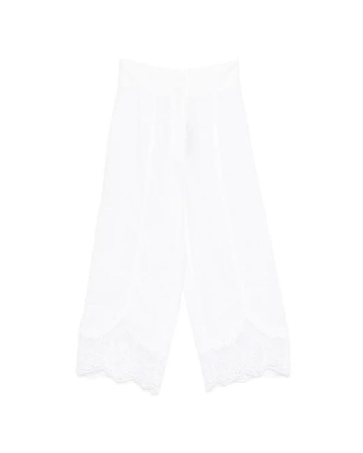 Twinset White Linen Cropped Trousers With Lace