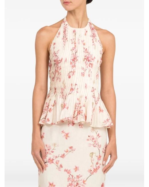 Agua Bendita Pink Caña Floral-Print Peplum Top