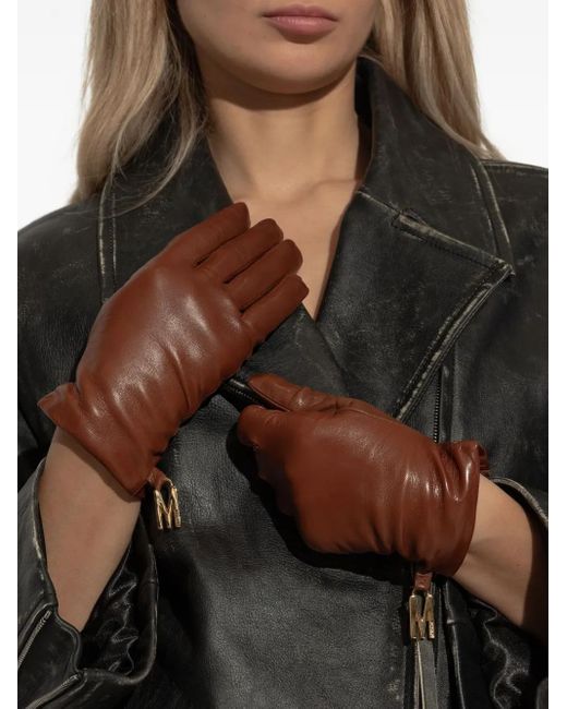 Moschino Brown Logo-Detail Leather Gloves