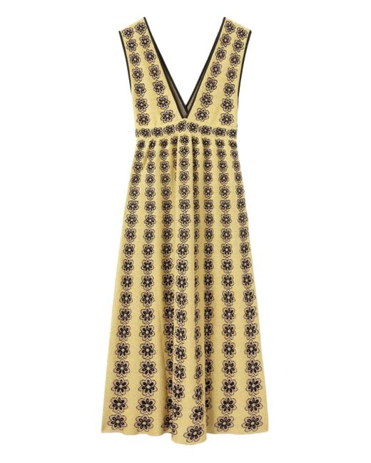 LaDoubleJ Metallic Caper Floral-Embroidered V-Neck Maxi Dress