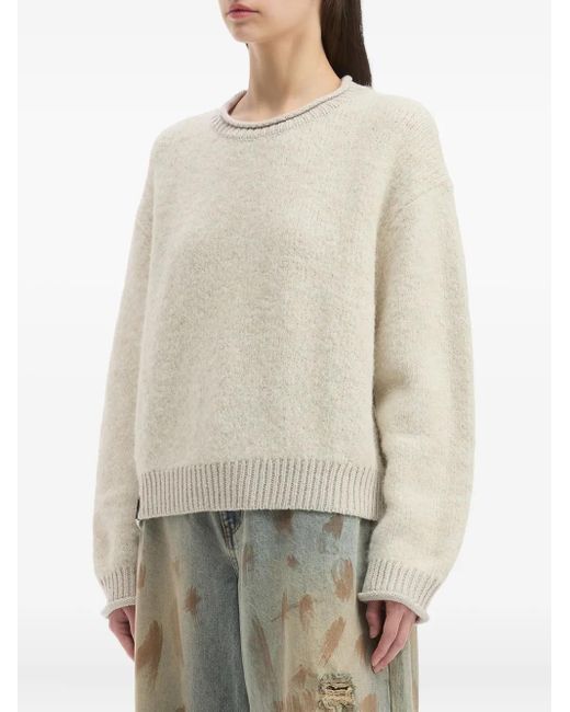 Izzue White Ribbed-Cuff Crew-Neck Sweater
