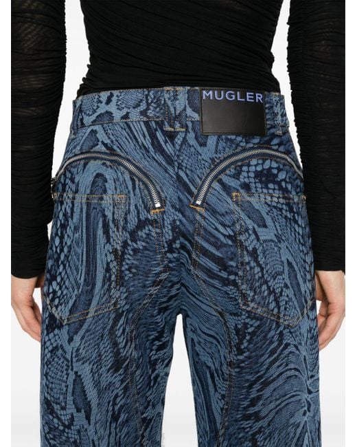 Mugler Blue Snakeskin-print Straight Jeans