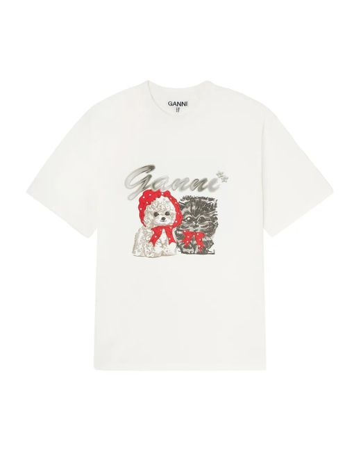 Ganni T-Shirt Met Hondenprint in het White