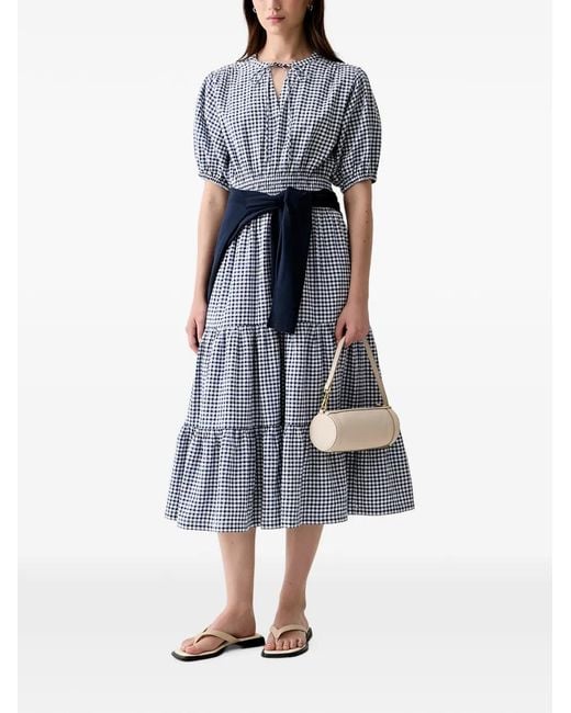 Barbour Blue Ashwell Gingham-Check Tiered Midi Dress