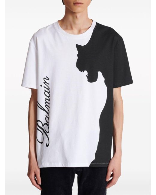 T-shirt en coton à imprimé Tiger Balmain pour homme en coloris White