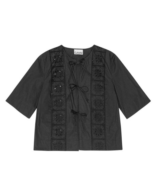 Ganni Black Embroidered Short-sleeve Shirt