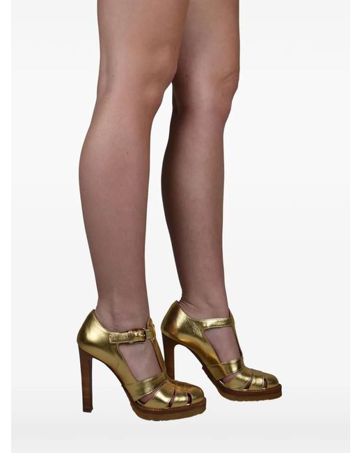 Ralph Lauren Kayda Metallic Buckle T-Strap Heeled Sandals