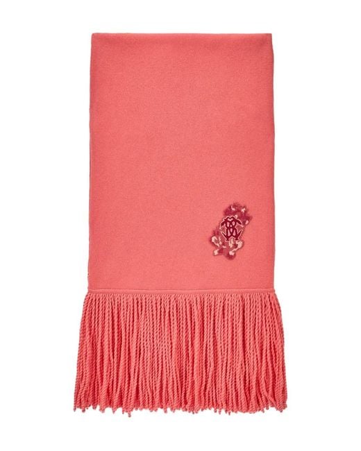 Roberto Cavalli Red Fringed Logo Scarf