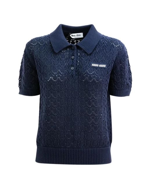 Miu Miu Blue Open-Knit Logo-Patch Polo Top