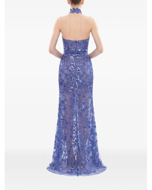 Saiid Kobeisy Blue Halter-Neck Sequin-Embroidered Maxi Dress