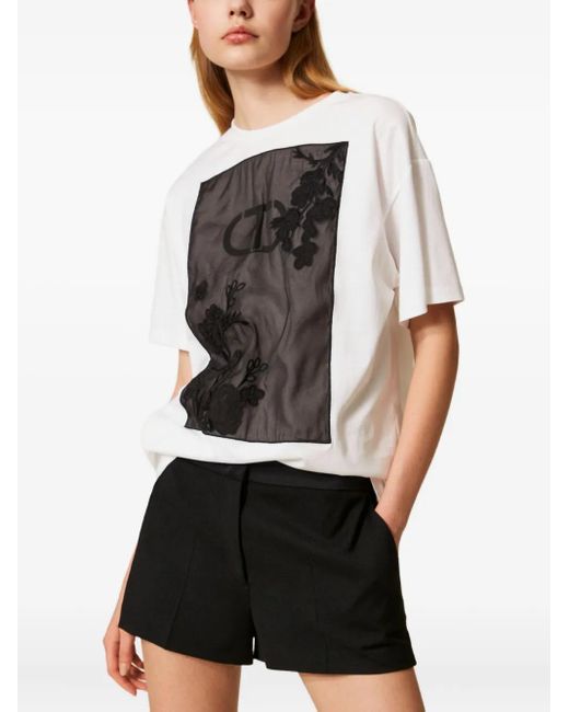 Twinset Black Floral-embroidered Cotton T-shirt