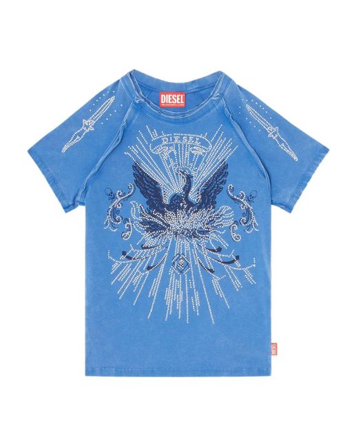 DIESEL T-Shirt Verfraaid Met Stras En Raglan Mouwen in het Blue