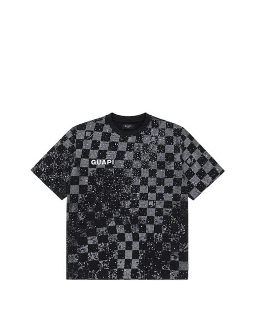 GUAPI Black Checkerboard-Pattern Rhinestone-Embellished T-Shirt for men