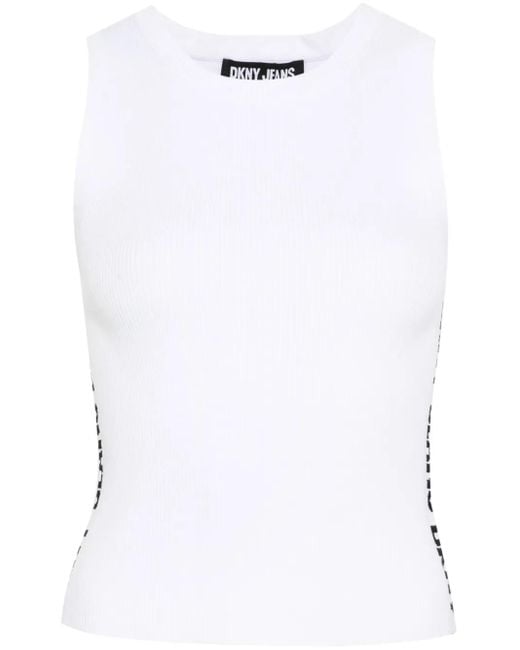 DKNY White Jacquard-Logo Ribbed Top