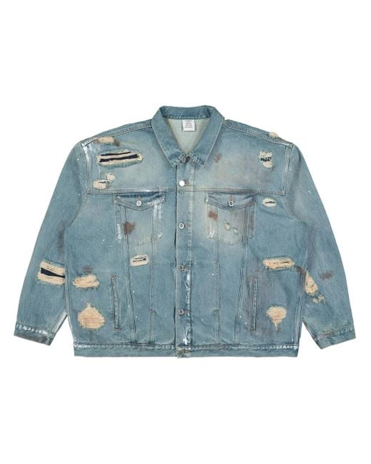 Vetements Blue Distressed Denim Jacket with Spread Collar