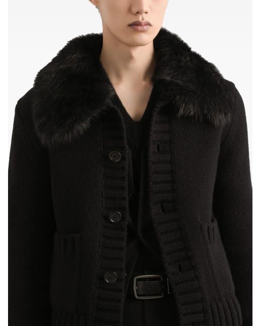 Dolce & Gabbana Black Faux-Fur-Collar Buttoned-Up Cardigan for men