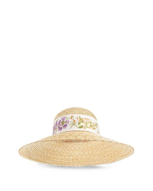 Ferragamo White Floral-Print Silk-Trimmed Straw Hat