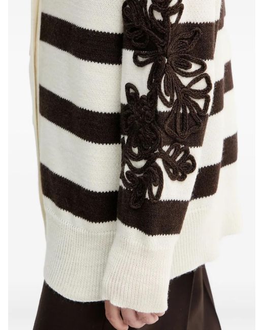 ERMANNO FIRENZE White Striped-Pattern Floral-Appliqué Cardigan