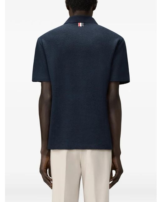 Thom Browne Blue Textured-Knit Chest-Pocket Polo Shirt for men