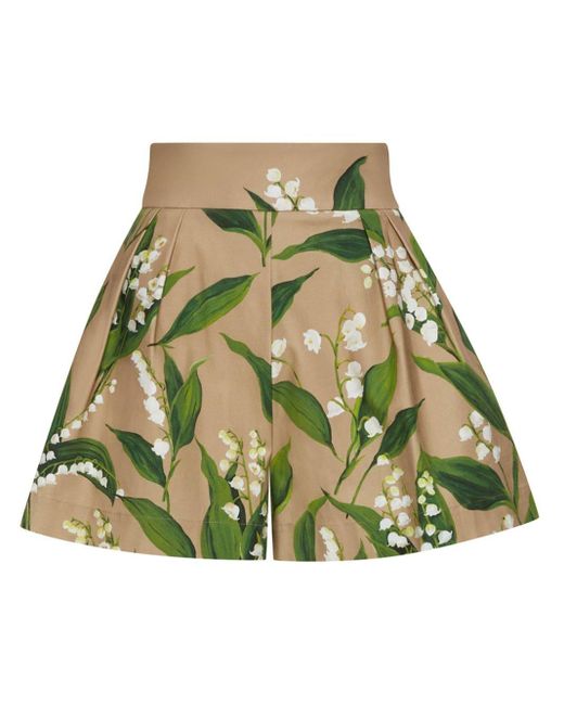 Oscar de la Renta Green Floral-print Pleated Twill Shorts
