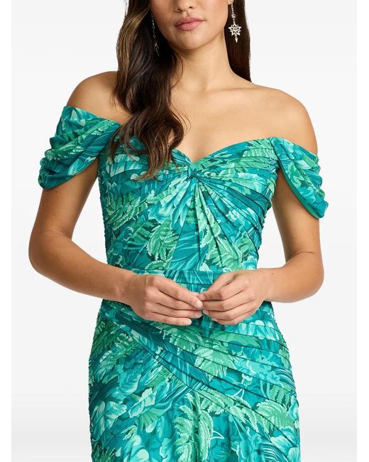 Tadashi Shoji Green Floral-Print Off-Shoulder Midi Dress