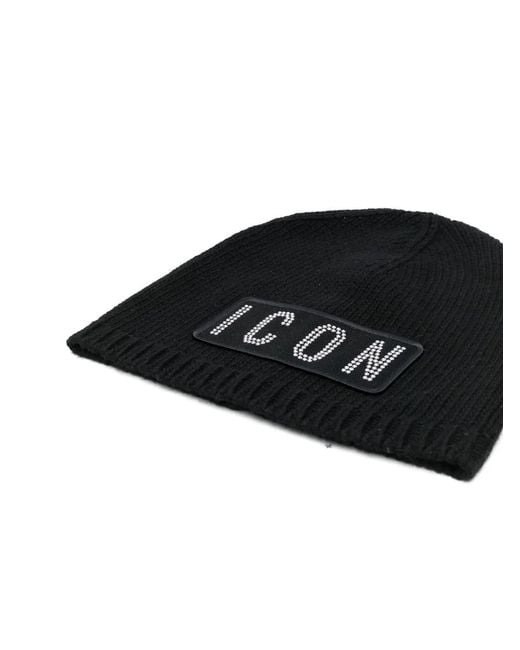 DSquared² Black Icon-Patch Knitted Beanie for men