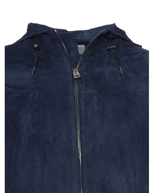 Kiton Blue Hooded Suede Zip-Up Jacket for men