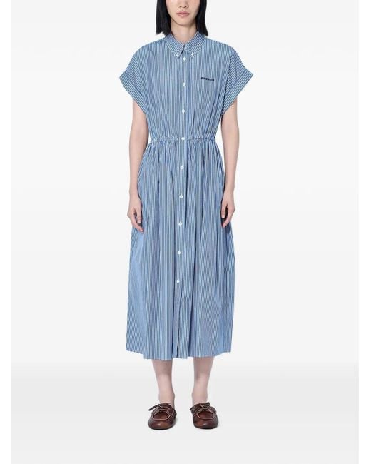 Miu Miu Blue Vertical Stripe Poplin Midi-Dress