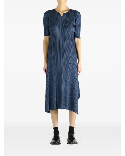 Pleats Please Issey Miyake Blue Pleated Short-Sleeve Dress