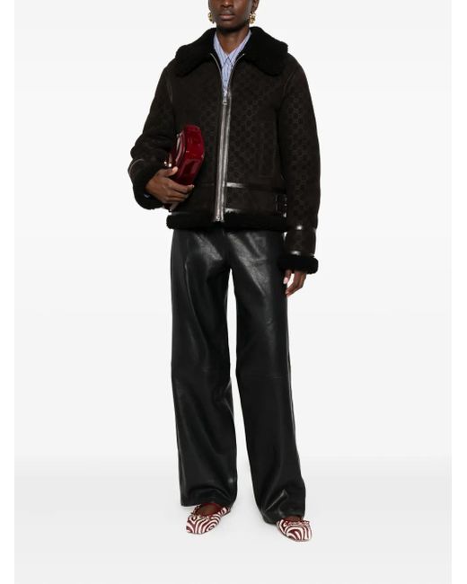 Gucci Black Shearling-Collar Leather Jacket