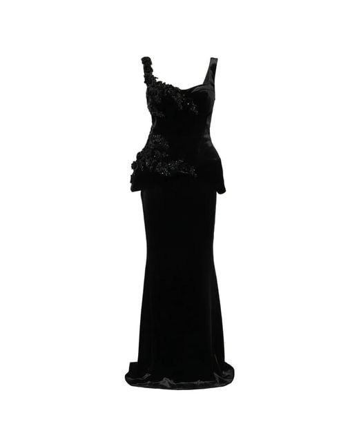 Adamaris Black Bead-Embellished Velvet Maxi Skirt And Top Set