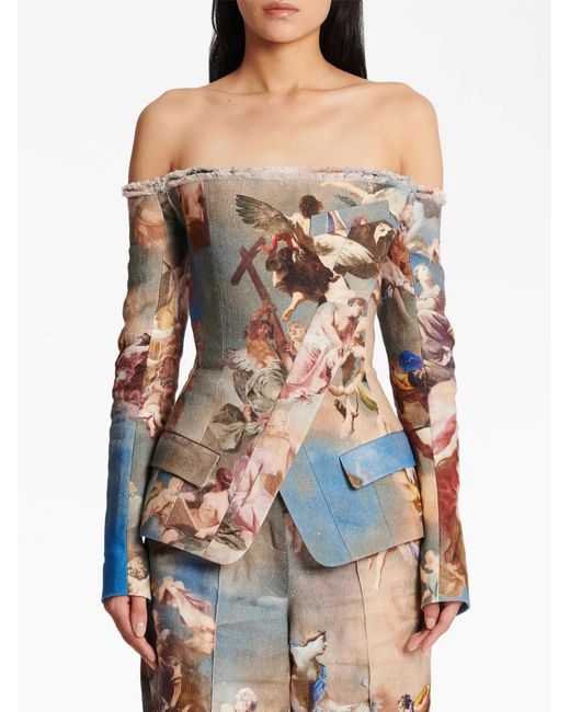 Balmain Multicolor Sky-Print Off-The-Shoulder Jacket