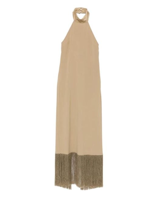 Taller Marmo Natural Halterneck Dress With Fringed Hem