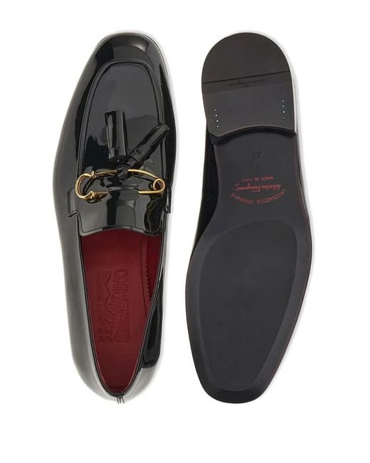 Ferragamo Black Gancini-Plaque Leather Loafers for men