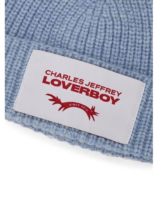 Charles Jeffrey Blue Logo-Patch Ribbed-Knit Beanie Hat
