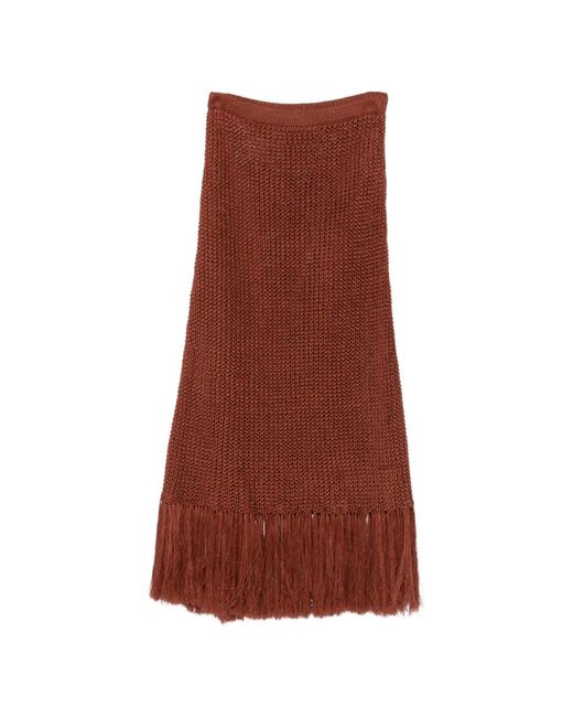 Plan C Brown Fringe-Trim Open-Knit Maxi Skirt