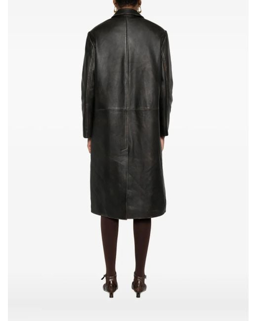 Tela Black Button-Fastening Leather Coat