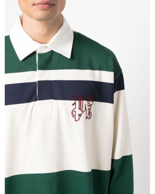 Palm Angels Green Striped Cotton Polo Shirt for men