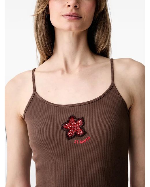 Mc2 Saint Barth Red Zaira Beaded-Starfish-Patch Ribbed Top