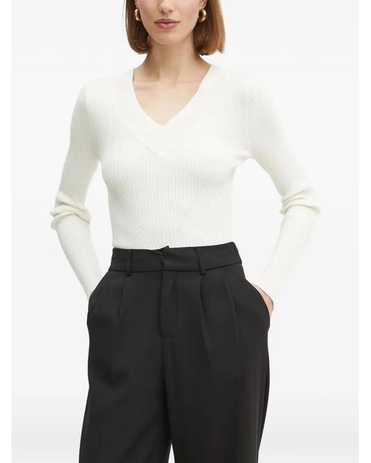 Guess White Ribbed-Knit V-Neck Sweater