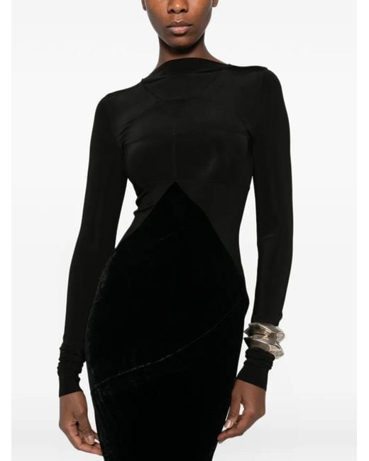 Rick Owens Black Velvet-Panelled Long-Sleeve Maxi Dress