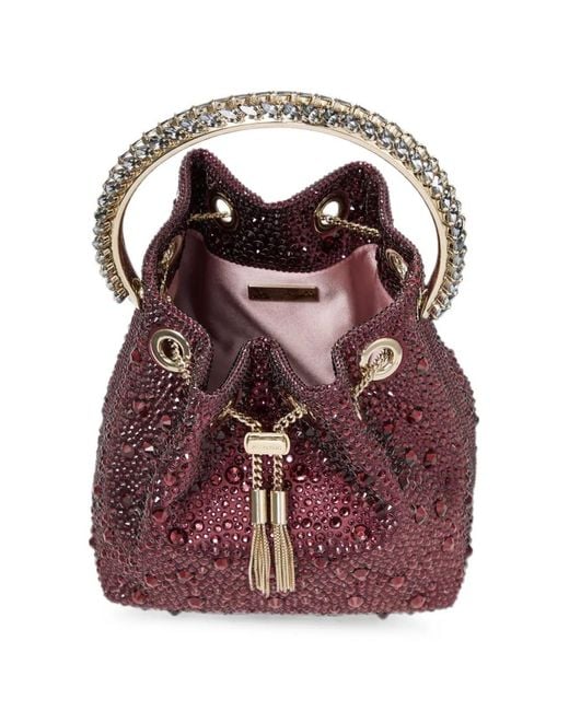 Jimmy Choo Purple Bon Bon Deep Merlot And Crystal Hotfix Bucket Bag With Crystal Handle