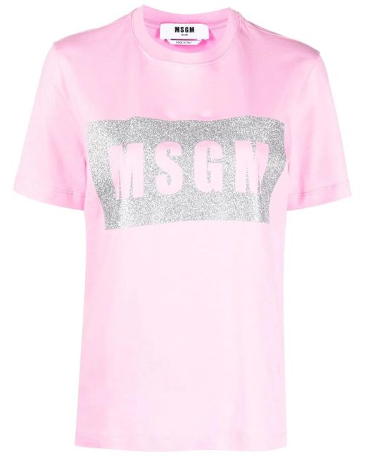 MSGM Pink Logo-Print Cotton T-Shirt