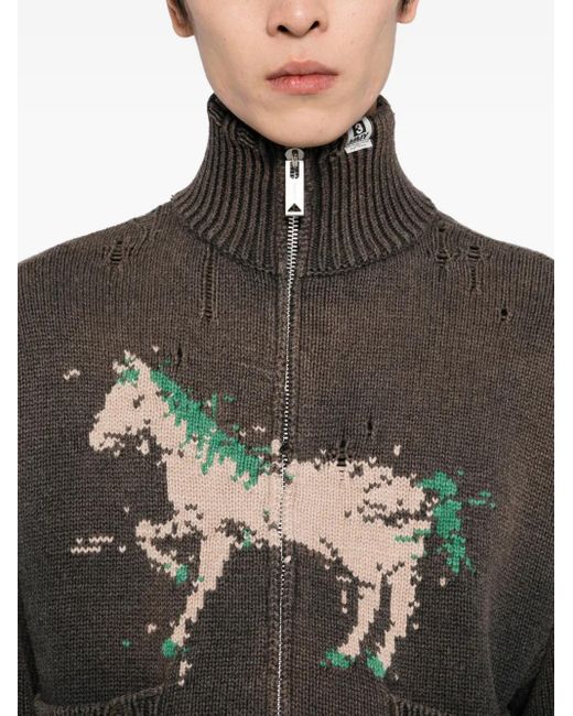 Maison Mihara Yasuhiro Black Horse-Embroidered Cardigan for men
